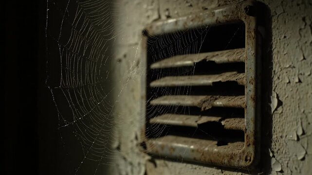 Dusty vent with peeling paint and a spiderweb in dark setting