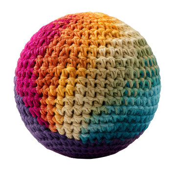 Rainbow gradient knitted hacky sack ball with textured yarn, isolated on white