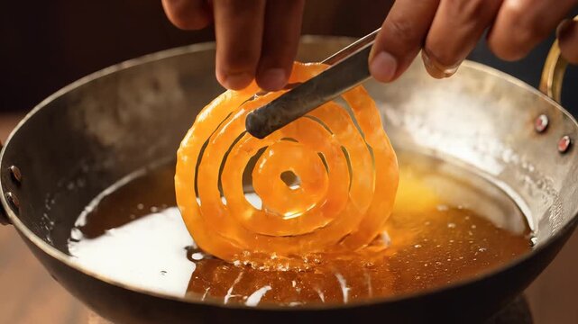 Indian Jalebi Dessert Dipped in Sugar Syrup Close Up