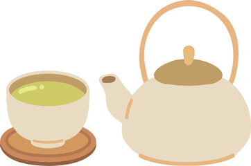 急須と緑茶のかわいい手描きイラスト