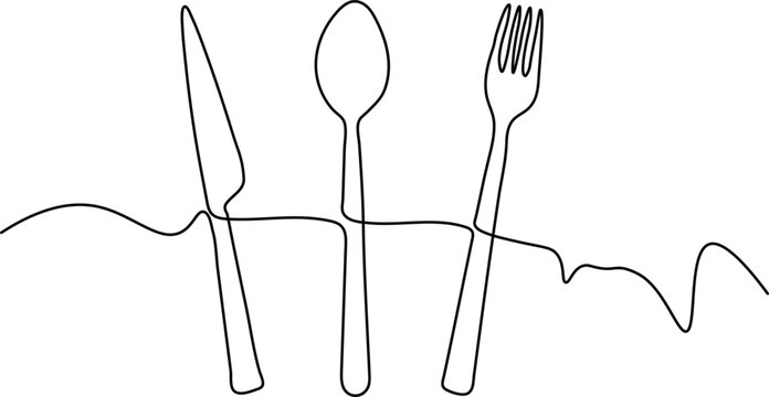 Knife spoon fork icon set top view vector one line continuous drawing illustration Hand drawn linear silhouette