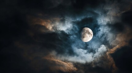 A luminous waxing gibbous moon peeks through dramatic, swirling clouds in a night sky. The clouds range from dark browns to pale blues