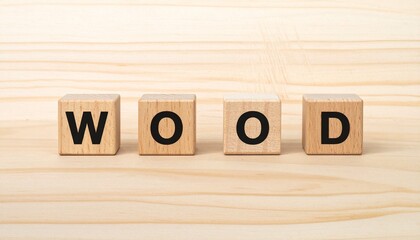 Wooden blocks spelling wood on light wooden surface background with natural grain texture emphasizing concept of wood material and design