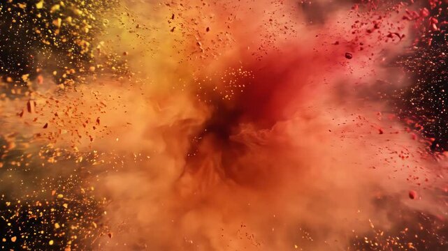 Cinematic explosion of vibrant yellow and red powder on black background