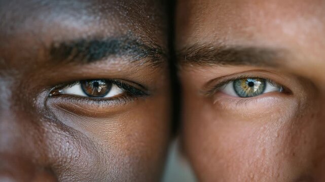 Extreme close-up of two men&rsquo;s eyes placed in mirrored symmetry, subtle differences in skin texture and tone, crisp lighting, minimalist white background representing racial equalit