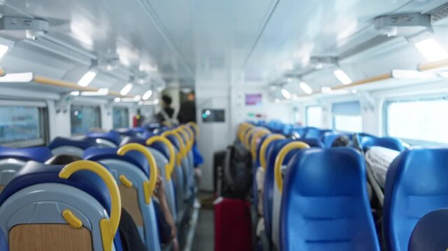 Blurred shallow interior of a commuter train with soft bokeh seats, aisle and overhead lighting defocused into cool tones; background backplate copyspace template.