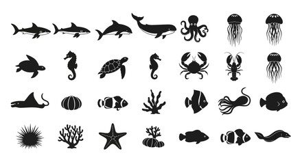 Fototapeta premium Set of black sea animal silhouette vector icons in a simple decorative style