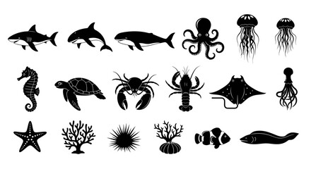 Fototapeta premium Diverse black silhouette icons of marine animals and aquatic life, including whales, sharks, dolphins, octopuses, and coral, perfect for ocean-themed graphic design and educational content
