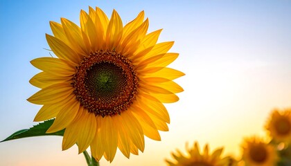 Obraz premium Radiant Sunflower Bloom Against a Soft Sky Backdrop.