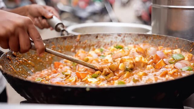 Stirring Indian Curry in a Wok Street Food Preparation