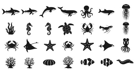 Fototapeta premium Collection of Marine Life and Ocean Icons - Sea Creatures and Underwater Flora