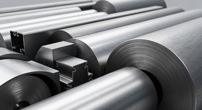 Diverse Collection of Metal Profiles and Rolled Sheets Featuring Shiny Industrial Materials in Use