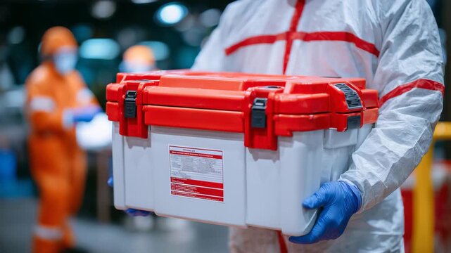 Medical technician carrying a red and white organ transport cooler, close-up view, gloves and uniform visible, hospital operating area in soft focus, concept of organ transplantati