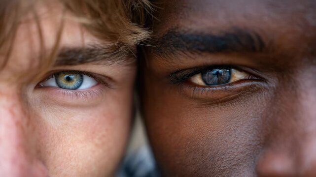 Minimalist close-up of two men&rsquo;s eyes arranged symmetrically, contrasting skin tones and brow shapes, neutral gaze, bright white background emphasizing diversity and shared identit