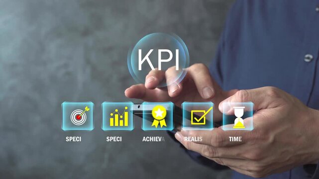 Businessman using smartphone with KPI and SMART goal icons: specific, achievable, realistic, timely. Concept for performance metrics, analytics, target tracking and management.
