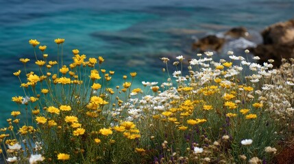 Wildflowers bloom near a rocky coast, ocean water blurred in the background
