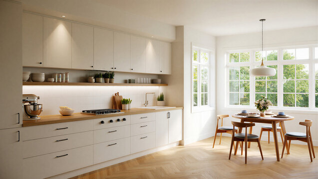 Modern kitchen and dining area with white cabinets and large window