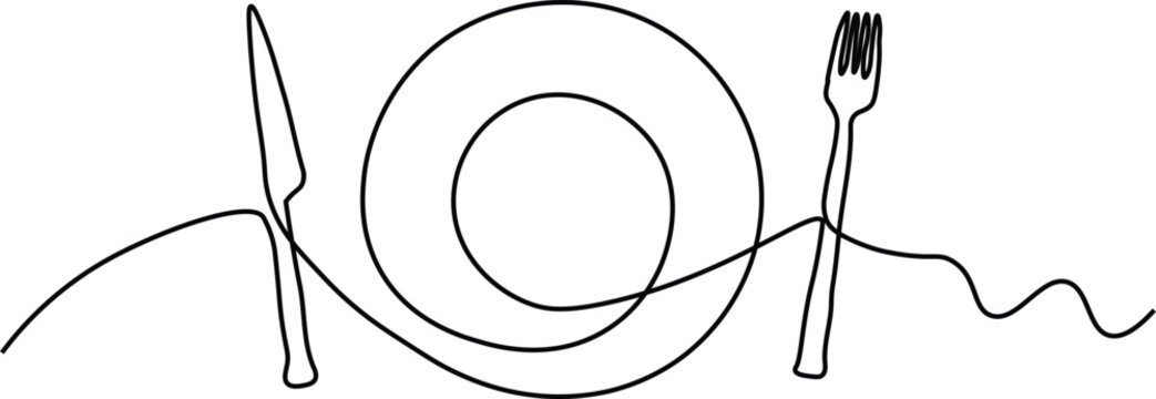  Fork knife plate icon set top view vector one line continuous drawing illustratio Hand drawn linear silhouette