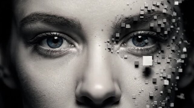 Close-up of a human face in grayscale with one side digitally pixelated