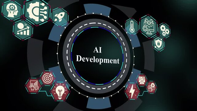 AI development pipeline showing intelligent model creation, data training workflow, analytics monitoring, and digital engineering systems.