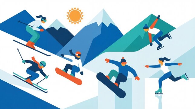 Group of people enjoying winter sports activities like skiing and snowboarding in snowy mountains.
