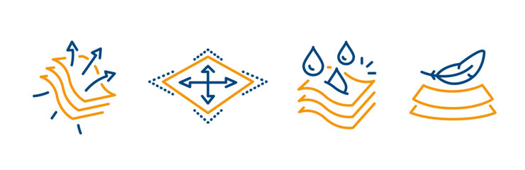 Obraz na płótnie Canvas fabric properties icons, icon set of elasticity, moisture absorption, air permeability, softness, layers, fabric line art vector