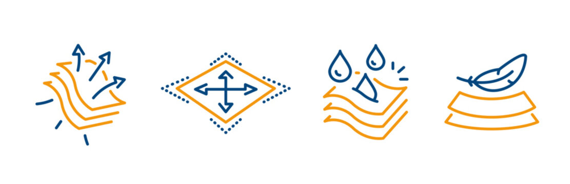 fabric properties icons, icon set of elasticity, moisture absorption, air permeability, softness, layers, fabric line art vector