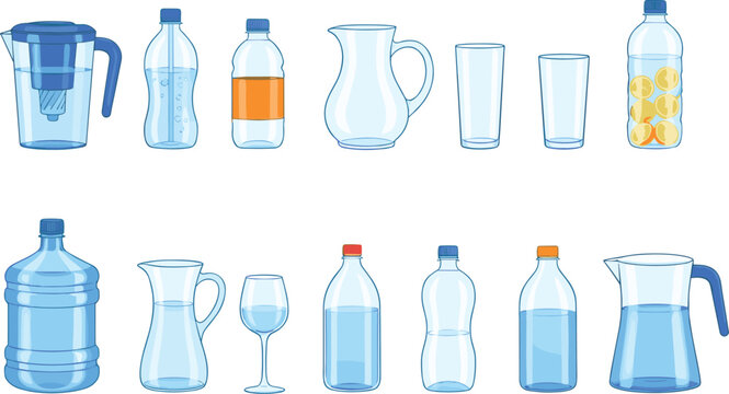 Pure Drinking Water Vector Set Featuring Plastic Bottles, Glass Pitchers, Filter Jugs, and Water Glasses for Health, Fitness, and Hydration Lifestyle Designs