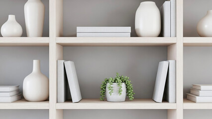 Minimalist open shelving display with decorative vases and books  