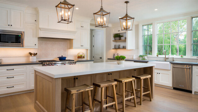 Modern kitchen with island and pendant lights in a bright and airy home interior design