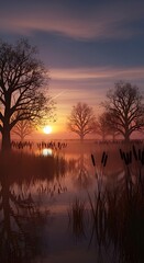 Serene Sunset Over Tranquil Lake with Silhouetted Trees and Reflective Waters.