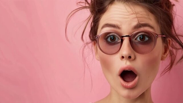 A girl with a surprised expression wearing pink glasses expresses strong emotions. Atmospheric background for advertising youth accessories and emotional memes.
