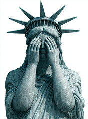 a photograph of the statue of liberty covering her eyes with one hand, against a white background