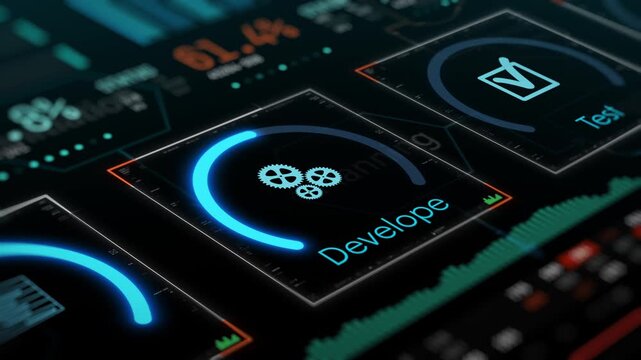 Agile project management, project life cycle, futuristic software interface (3d render)