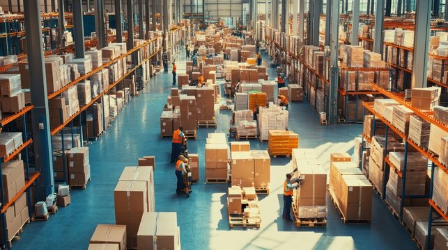 Warehouse Storage Facility with Cardboard Boxes and Forklifts.