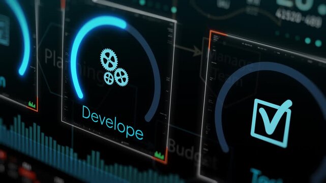 Agile project management, project life cycle, futuristic software interface (3d render)
