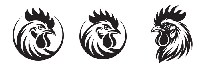 Bold Black and White Rooster Head Emblem Illustrations for Branding.