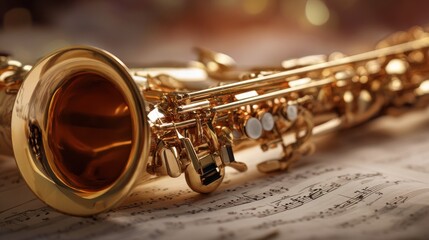Obraz premium Golden saxophone resting on musical sheet