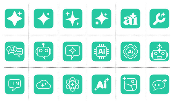 A comprehensive set of 18 modern vector icons representing Artificial Intelligence