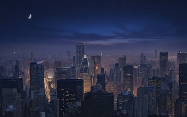 Obraz premium Nighttime city skyline with crescent moon.