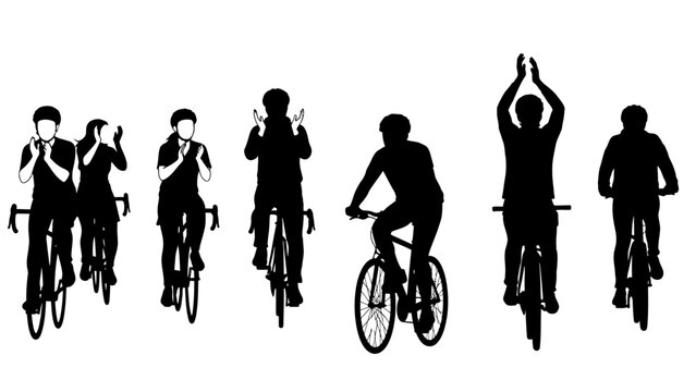 Black silhouettes of a diverse group including business people, families, and cyclists riding bikes illustrate a busy scene of people walking and cycling for fitness and daily life