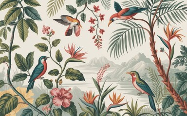 Tropical birds amidst lush jungle foliage