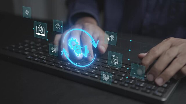 Digital marketing automation concept. Person typing keyboard with workflow automation icons, CRM integration, lead nurturing and data-driven marketing performance.