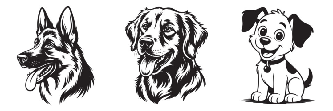 Collection of three distinct dog portraits in black and white illustration style.