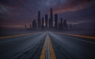 Empty road leading to city skyline at dusk.