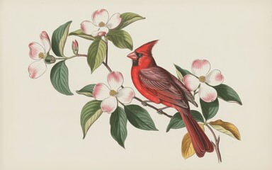 Red cardinal perched on blooming branch.