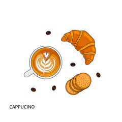 Cappuccino with Latte Art, Croissant, and Chocolate Chip Cookies