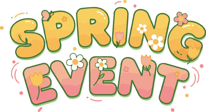 Spring event title design with cute bubble letters and floral decorations on white background