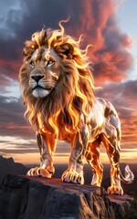 Majestic lion with glowing mane at sunset.