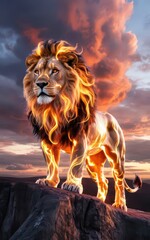 Majestic lion with fiery mane at sunset